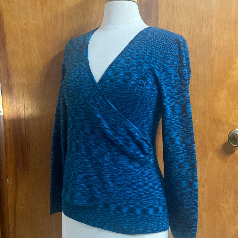 APT 9 faux wrap sweater teal blue black ring spun MED M